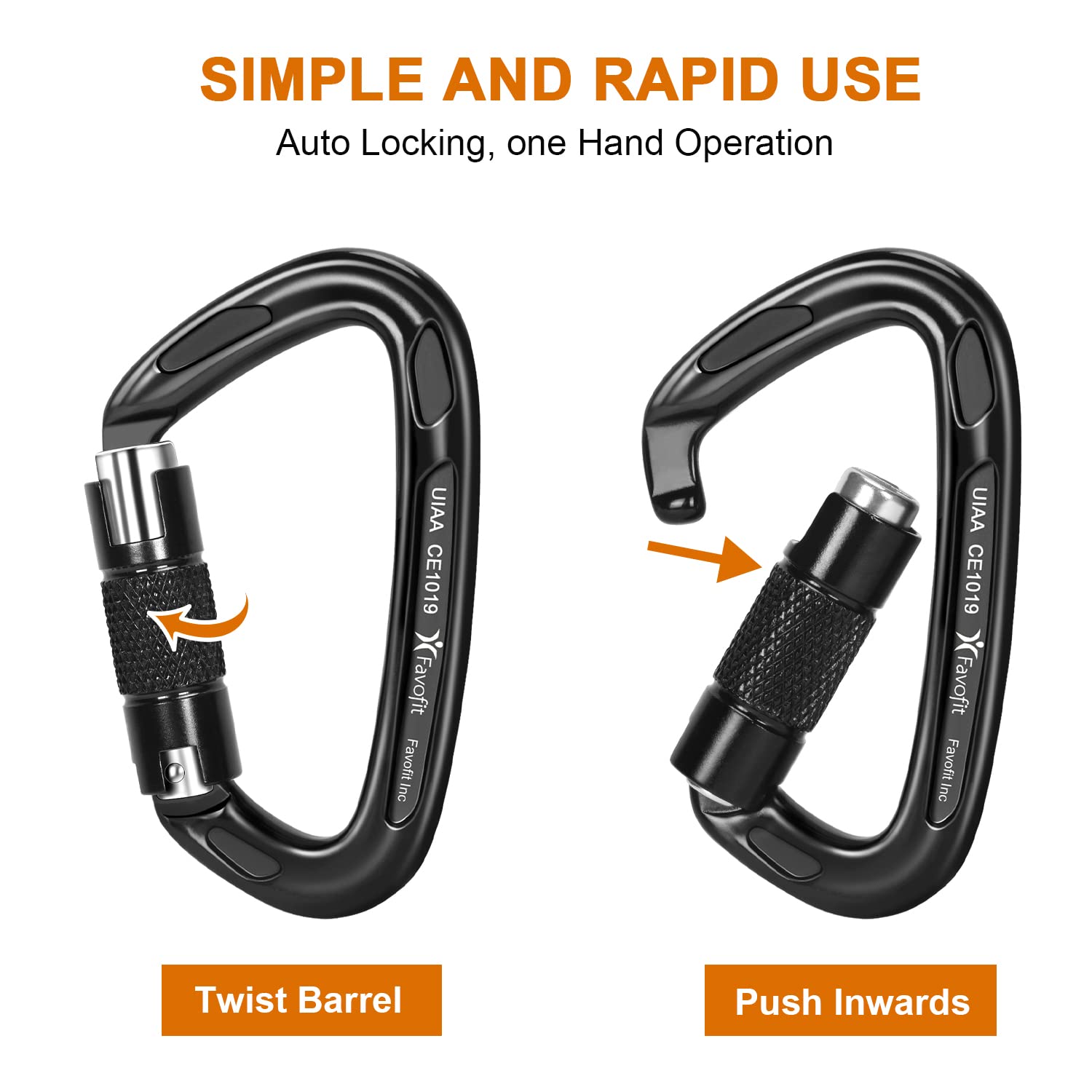 Locking Climbing Carabiners Heavy Duty - Favofit Uiaa Certified 25Kn (5620 Lbs) Rock Climbing Clips For Climbers - Large Caribea