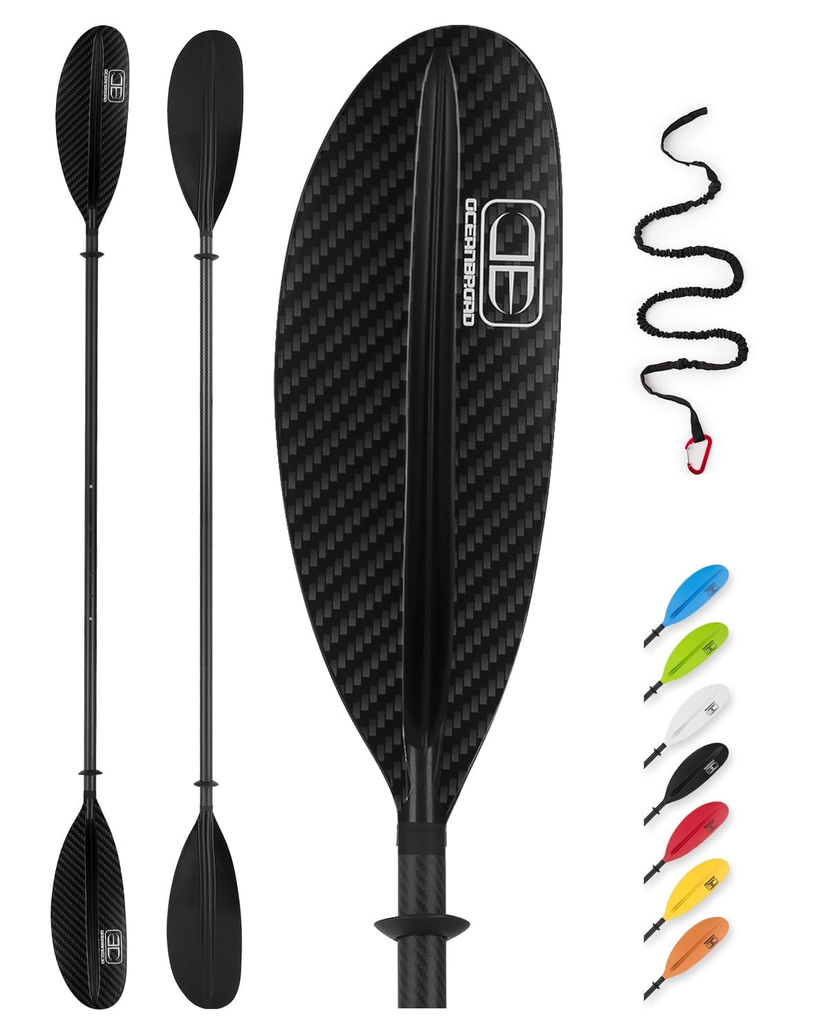 OCEANBROAD Adjustable Carbon Fiber Kayak Paddle 86in/220cm to 94in/240cm Kayaking Oar with Paddle Leash 1 Paddle, 3K Carbon Prin
