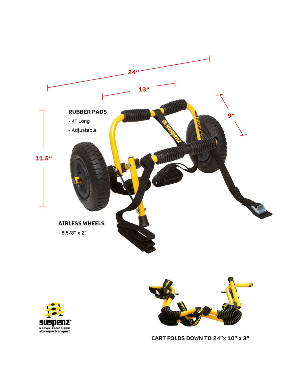Suspenz Stowable Kayak Carrier Cart, Sk Trailer Cart With Airless Wheels And Straps, Yellow, (22-1166)