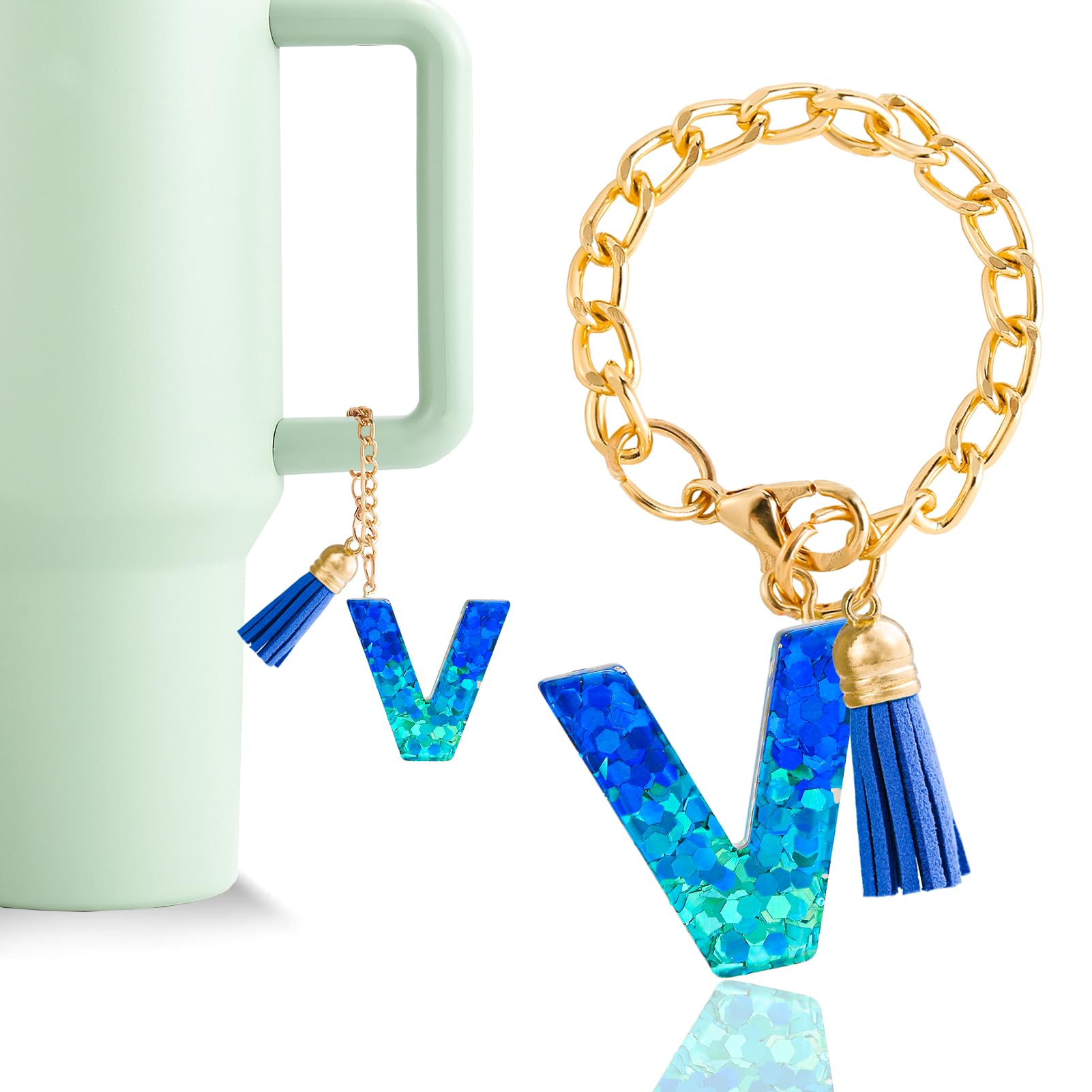 Letter Charm Accessories for Stanley Cup 1 PCS Cute Initial Keychain Handle Charm for Stanley Tumbler for Women Blue Letter V