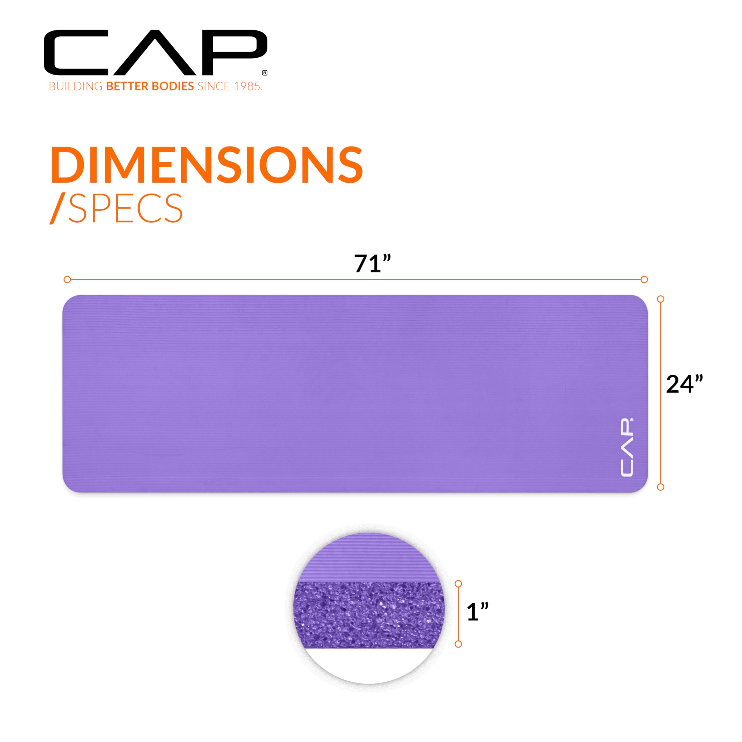Cap High Density Exercise Mat With Strap, 74''X24''X1'' - Purple