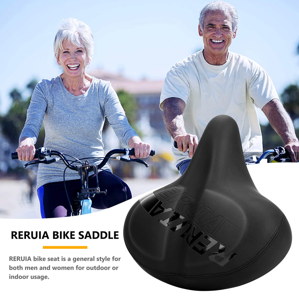 Reruia Large Bike Seat Comfortable And Wide Saddle Dual Shock Absorbing Exercise Bicycle Seat Leather Cover Waterproof Universal
