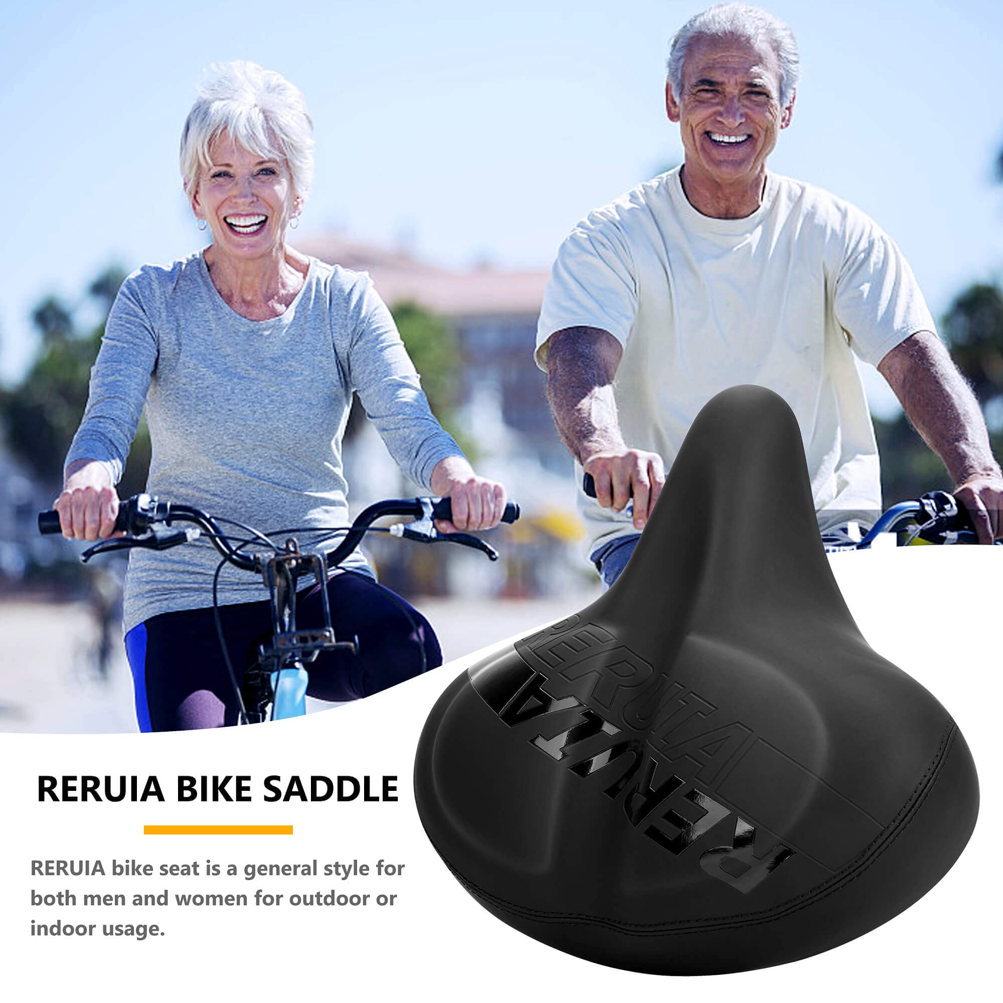 Reruia Large Bike Seat Comfortable And Wide Saddle Dual Shock Absorbing Exercise Bicycle Seat Leather Cover Waterproof Universal