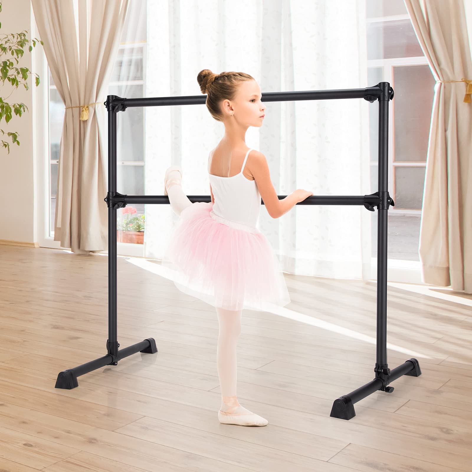 Goflame 4Ft Ballet Barre Portable, Freestanding Double Ballet Barre Height Adjustable With Anti Slip Base, Heavy Duty Stretch Da