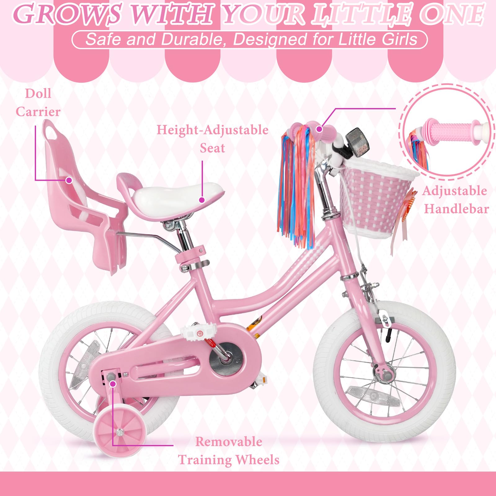 Glaf Girls Bike For Toddlers And Kids Ages 3-6 Years Old 12-16 Inch Girls Bike With Training Wheels & Basket & Doll Seat Kids Bi