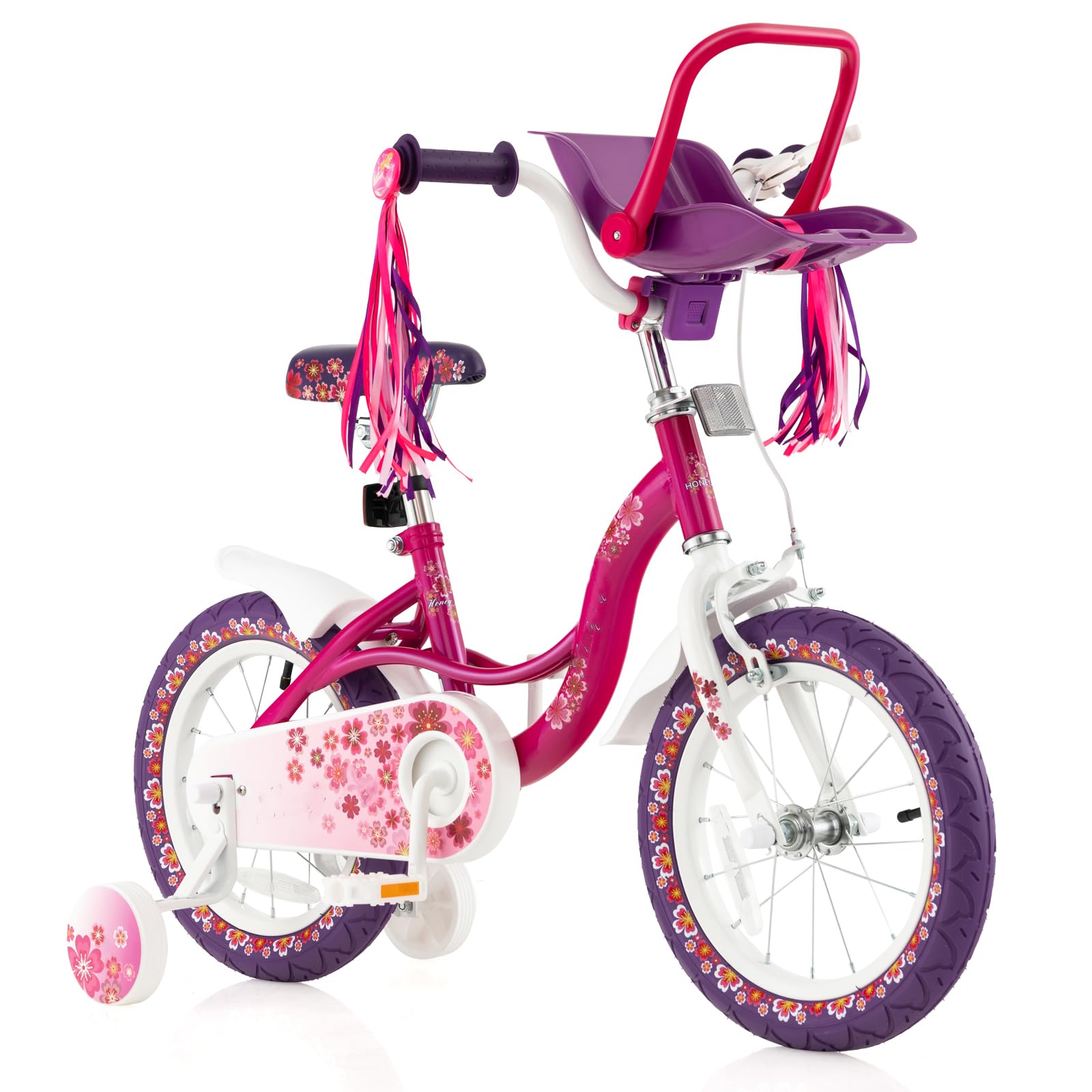 BABY JOY Kids Bike, 14 Inch Girls Bike with Removable Training Wheels, Doll Seat, Adjustable Seat & Handlebar, Coaster & Hand Br