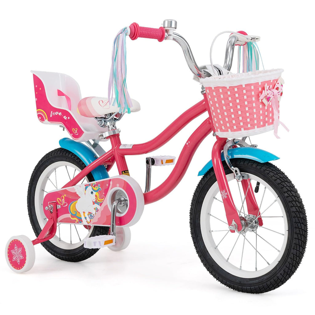 Baby Joy Kids Bike, 14 Inch Children Bicycle W/Basket, Doll Seat, Colorful Streamers, Training Wheels, Adjustable Seat & Handleb