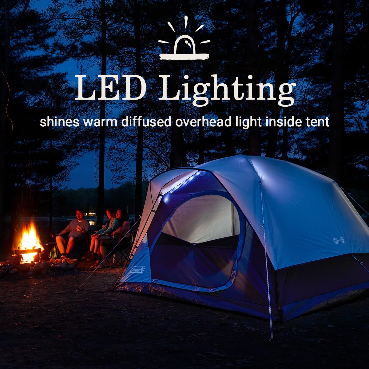 Coleman Skydome Tent With Led Lights, Weatherproof 4-Person Tent With Overhead Lighting Sets Up In 5 Mins, Made Of Pfas-Free Mat