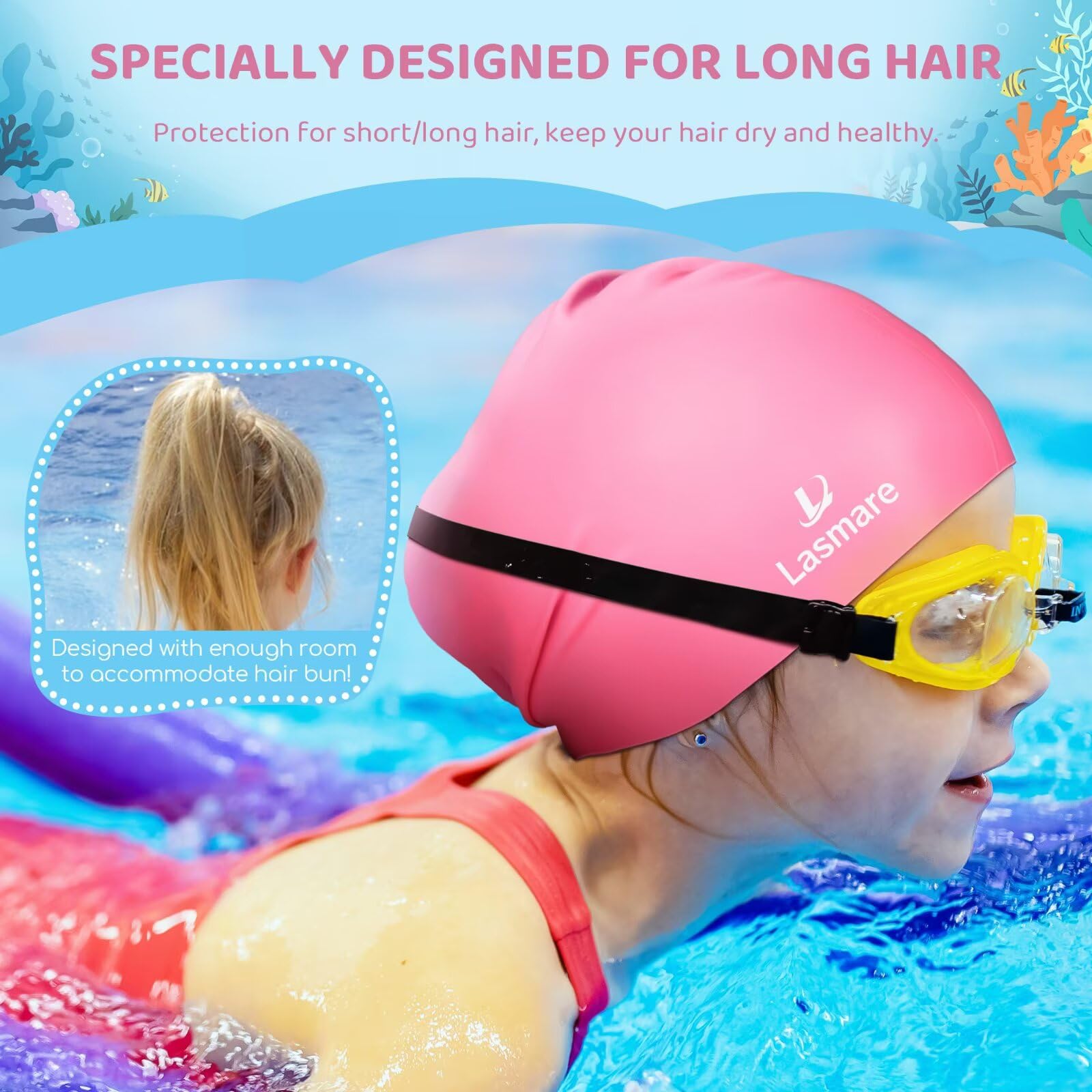 Kids Long Hair Swim Cap For Girls Boys, 3 Size Silicone Swimming Cap For Age 1-15 Toddler Children Teens, Waterproof Swim Hats B