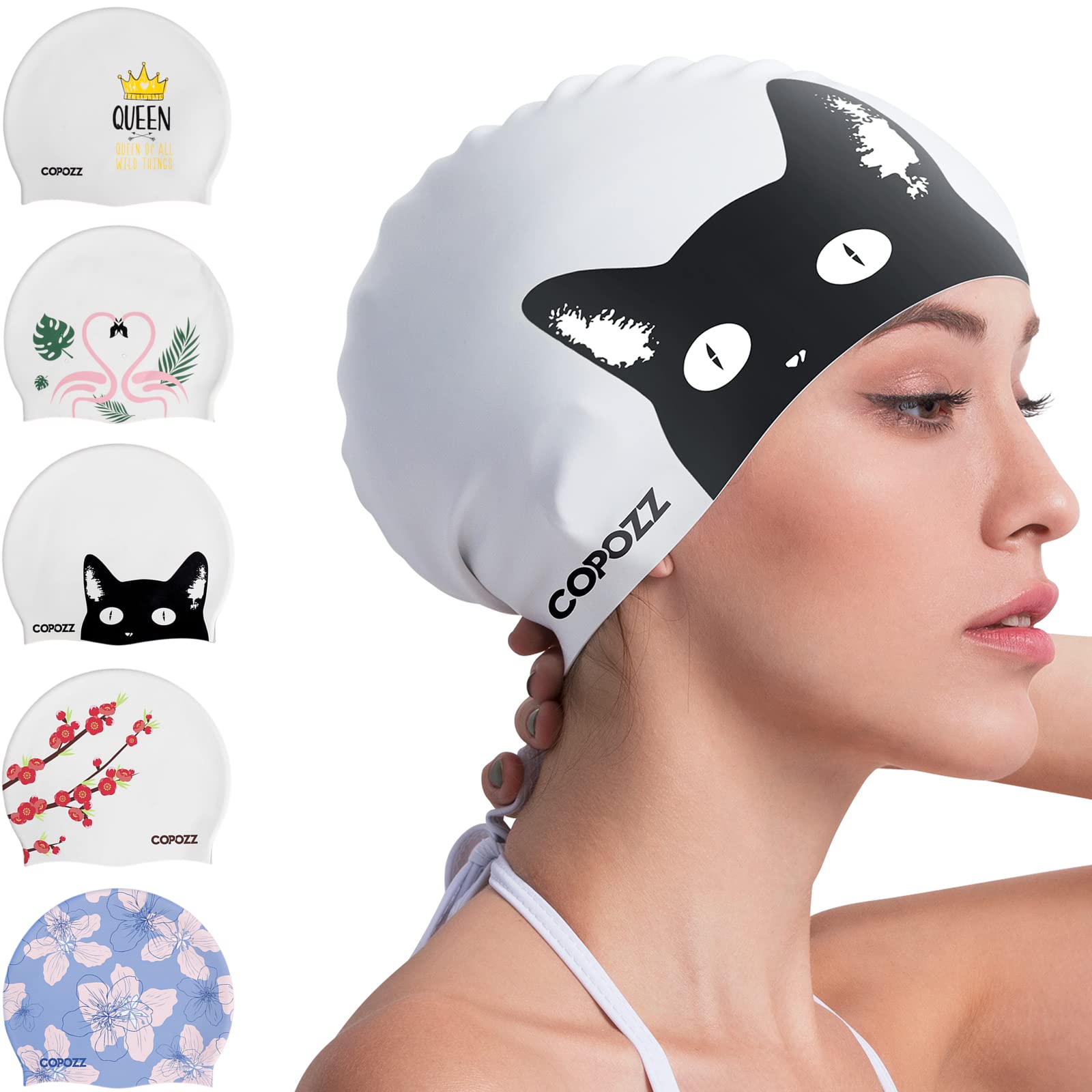 Copozz Swim Cap For Women, Silicone Waterproof Comfy Swimming Bathing Cap For Long Hair With Cat Printed (Black Cat-12Yrs+)