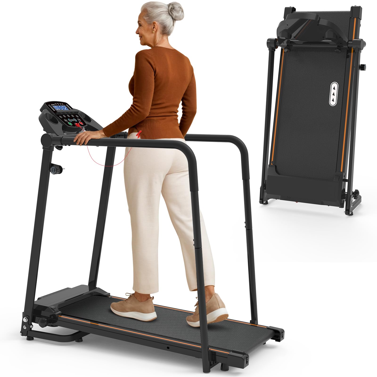Redliro Walking Treadmill with Long Handrails - Treadmill for Seniors 300 lbs Capacity - Foldable, Lightweight with Wheels, Cup 