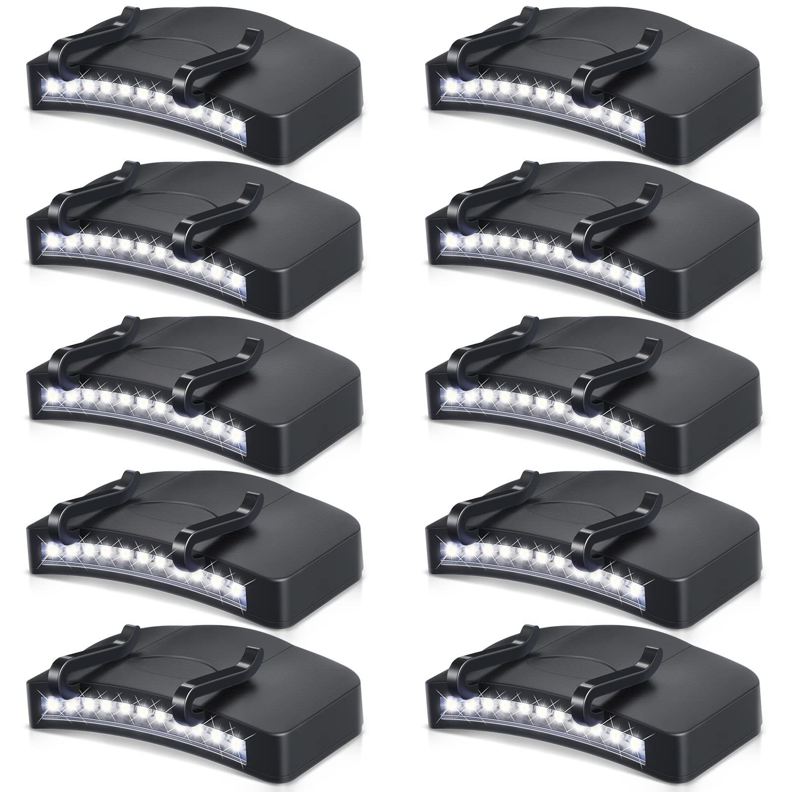 Hortsun 10 Pcs Cap Light Clip 11 LED Cap Lights Clip on Hat Battery Hat Brim Clip on Light Black Waterproof Ultra Bright Hat Fla