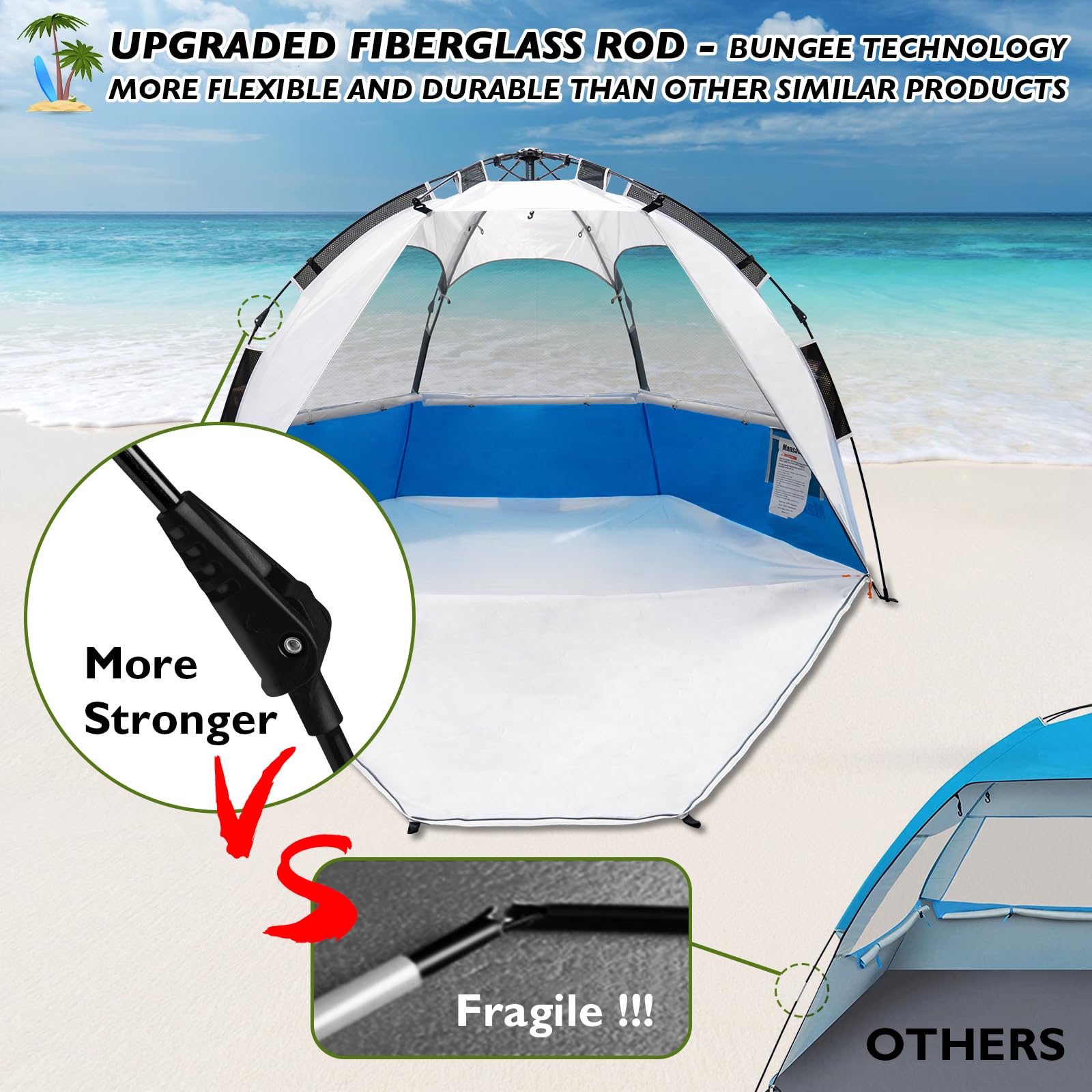 Mansader Easy Pop Up Beach Tent For 3-4 People, Automatic Setup Beach Shelter With Upf 50+ And 3 Ventilation Windows, Portable S