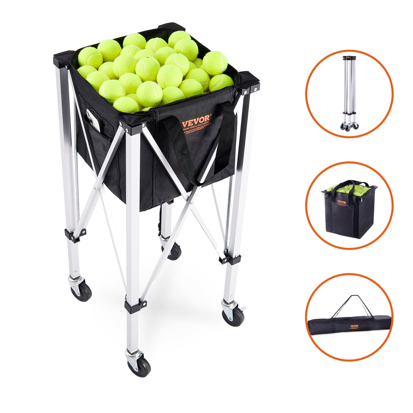 Vevor Foldable Tennis Ball Hopper, Holds 150 Tennis Balls, Lightweight Aluminum Alloy Tennis Ball Basket Cart With Wheels, Remov