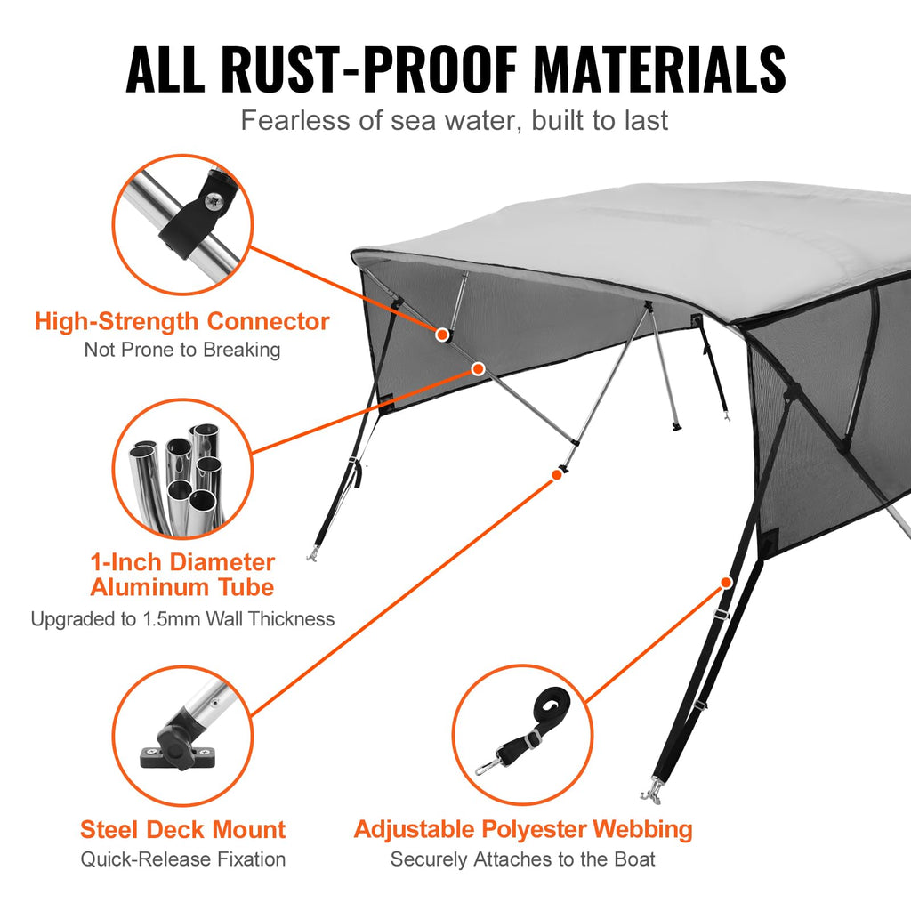 Vevor 4 Bow Bimini Top Boat Cover, Detachable Mesh Sidewalls, 600D Polyester Canopy With 1'' Aluminum Alloy Frame, Includes Stor