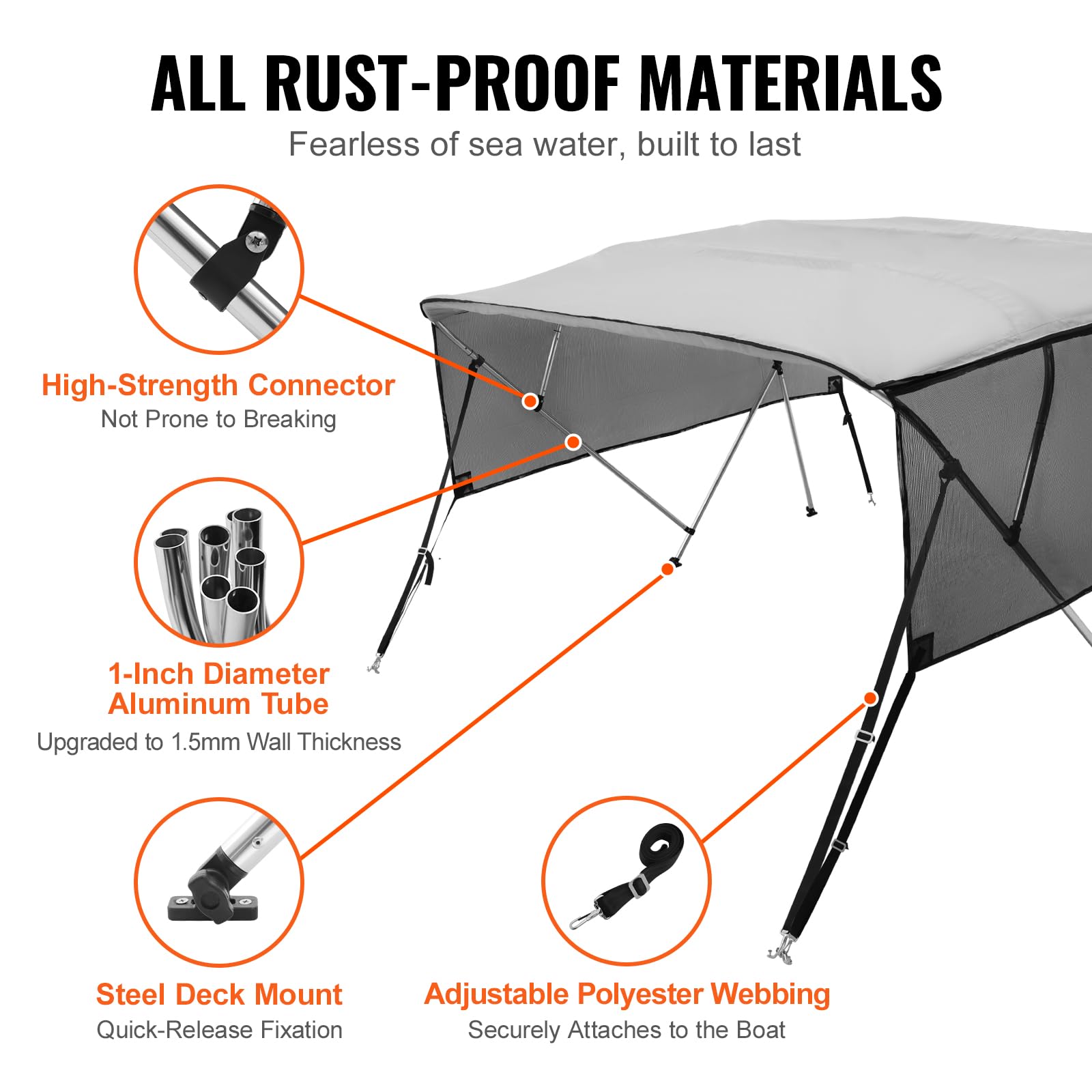 Vevor 4 Bow Bimini Top Boat Cover, Detachable Mesh Sidewalls, 600D Polyester Canopy With 1'' Aluminum Alloy Frame, Includes Stor