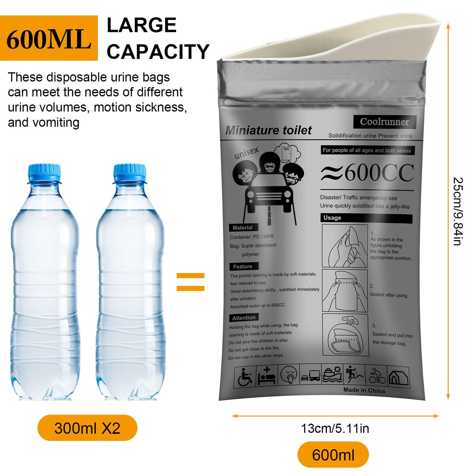 Coolrunner Disposable Urine Bags, 50 Pack Camping Pee Bags For Men Women, Disposable Urinals Vomit Bags For Travel Urinal Toilet