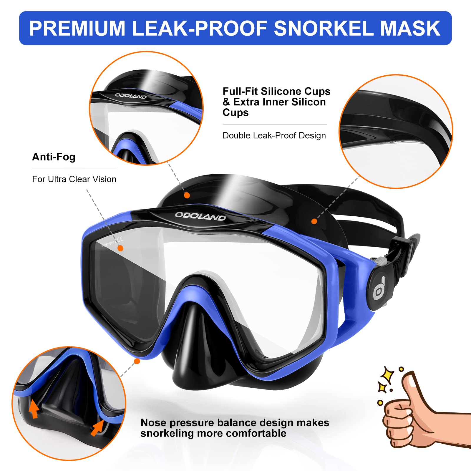 Odoland Kids Snorkeling Packages Snorkel Set, Anti-Fog And Anti-Leak Dry Top Snorkel Mask With Adjustable Swim Fins For Boys And