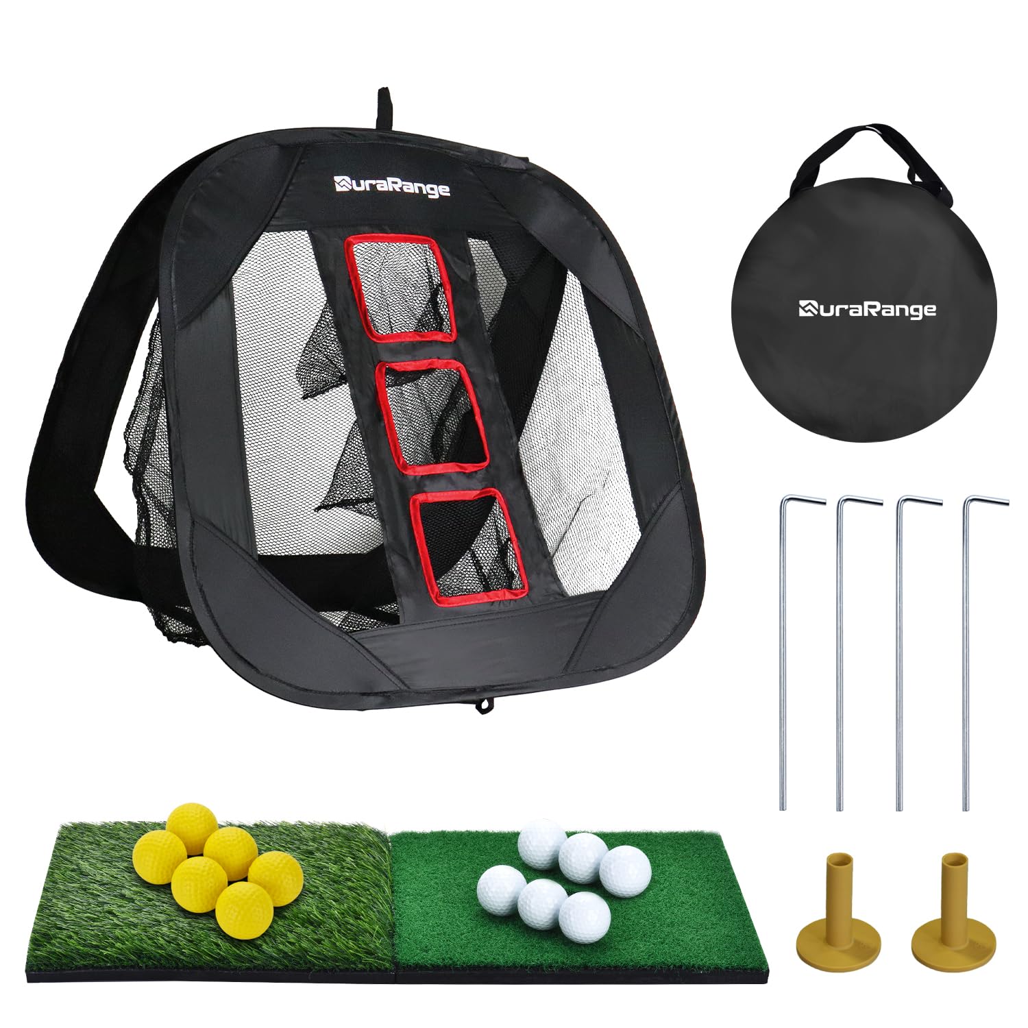 DURARANGE Pop-up Golf Chipping Net Set - Foldable Training Kit with 2 Hitting Mats, 6 Practice Balls, 6 Foam Balls - Ultimate Go