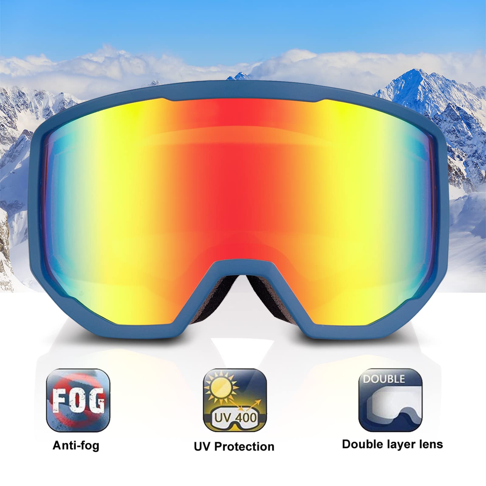Exp Vision Ski Goggles Snowboard For Men Women, Otg Anti Fog Uv Protection Snow Goggles (Blue Frame Red)