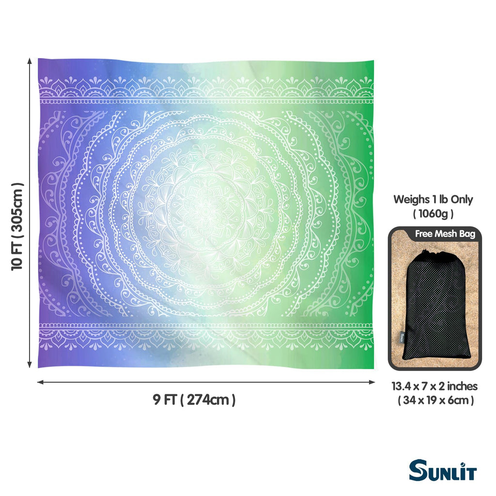 Sunlit 10'X9' Extra Large Boho Sand Proof Beach Blanket, Sand Proof Mat With Corner Pockets And Mesh Bag For Beach Party, Travel