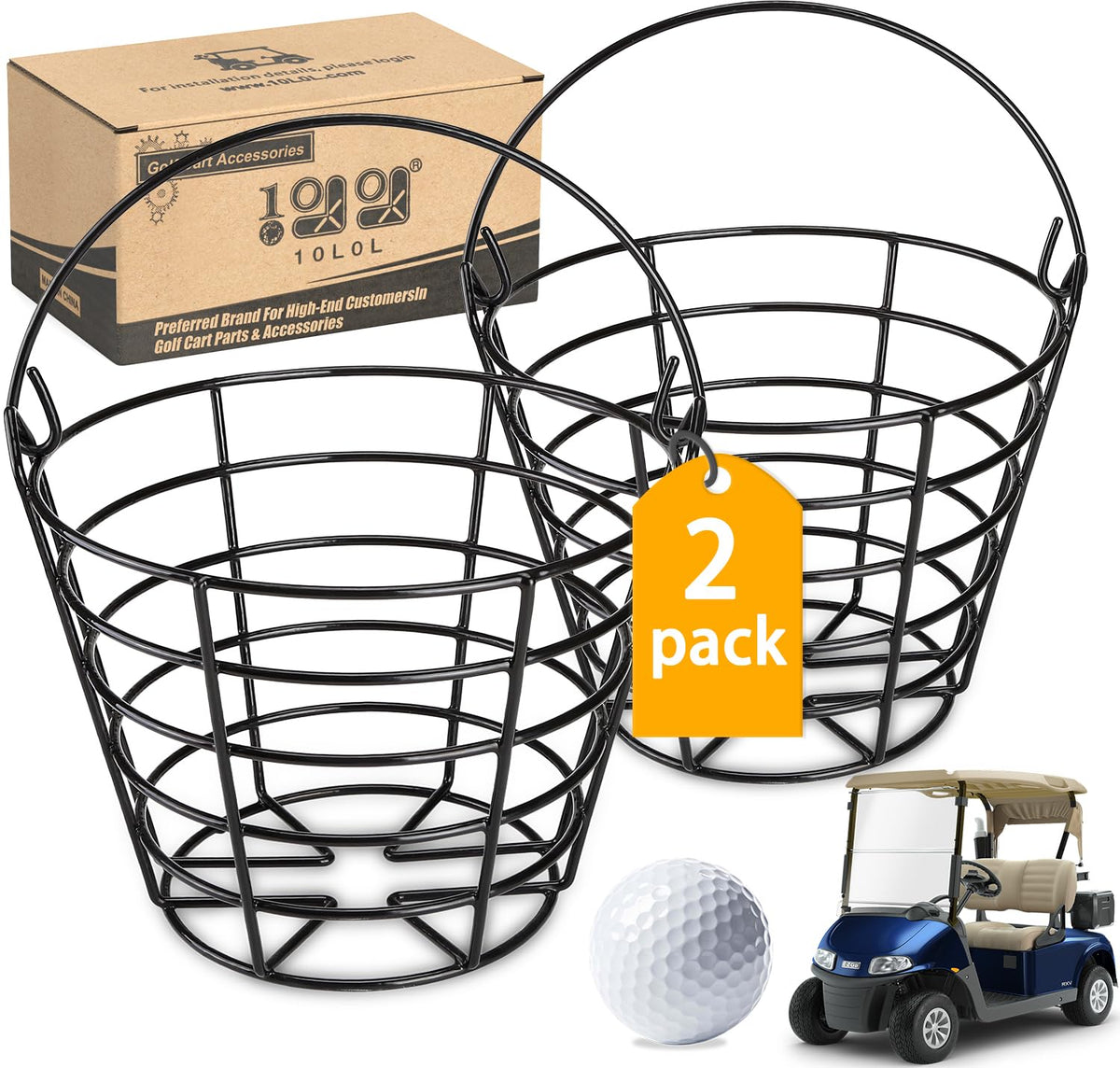 10L0L 2Pack Metal Golf Ball Basket with Handle, Holds 50 Balls Each
