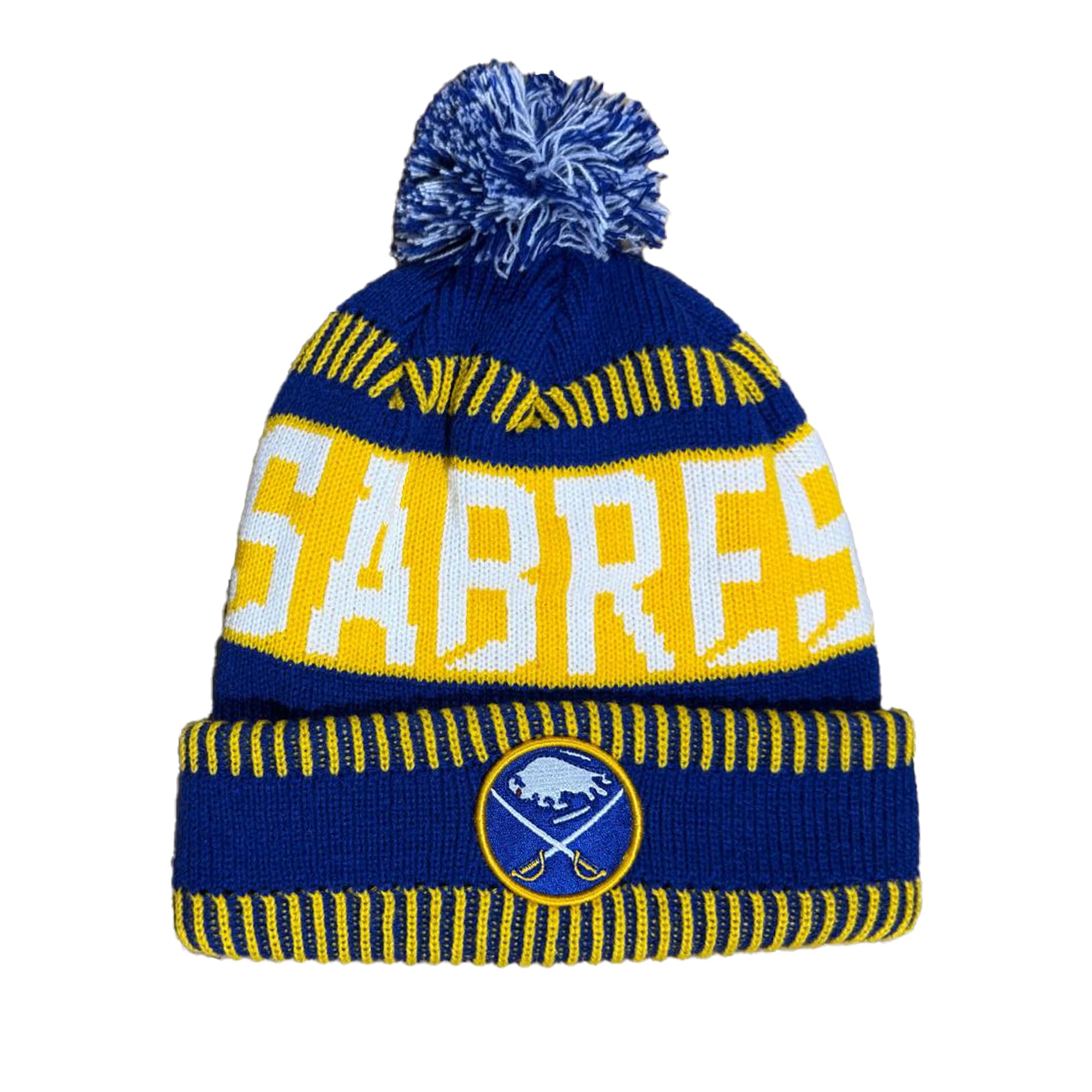 Outerstuff Nhl Kids Youth 8-20 One Size Team Color Primary Logo Sports Tech Knit Cold Weather Hockey Pom Beanie Hat - Buffalo Sa