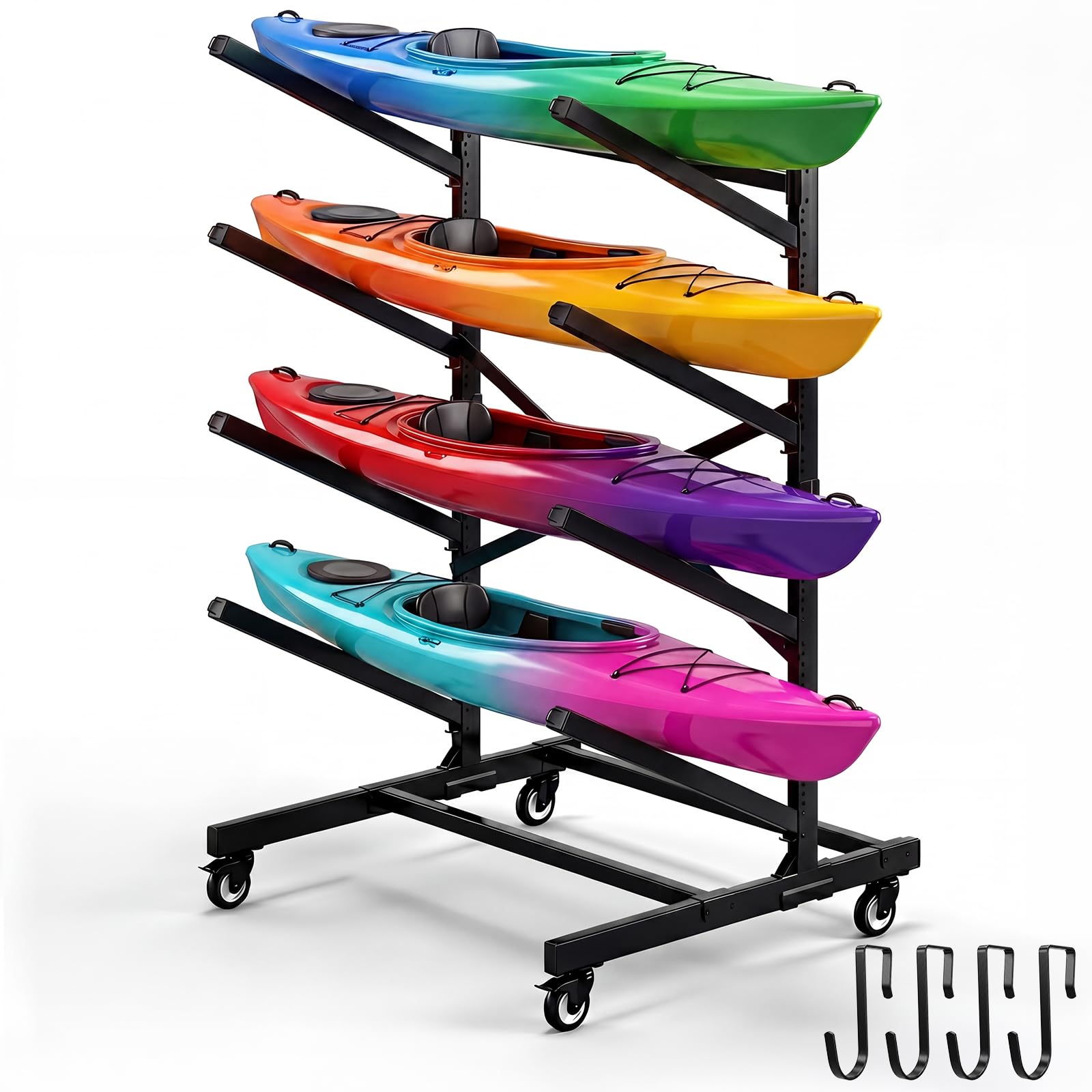 Ultrawesome 4-Tier Single-Sided Kayak Storage Rack with Wheels, Heavy Duty Freestanding Canoe Stand for 4 Kayaks, 400lbs Capacit