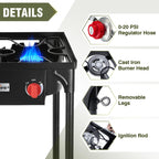 Bestfire 3 Burners Camping Stove For Cooking Outdoor, 225,000 Btu Propane Burners With Ignition Wire&Removable Legs, Temperature