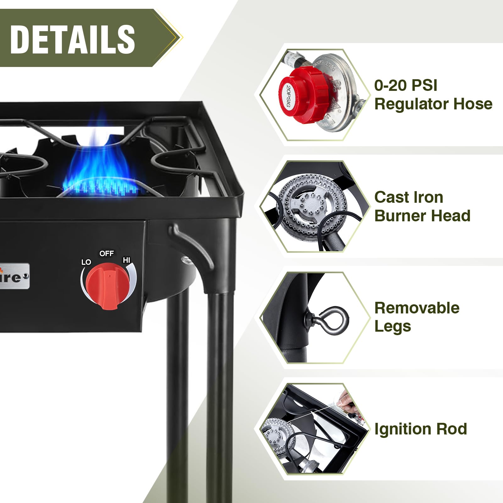 Bestfire 3 Burners Camping Stove For Cooking Outdoor, 225,000 Btu Propane Burners With Ignition Wire&Removable Legs, Temperature