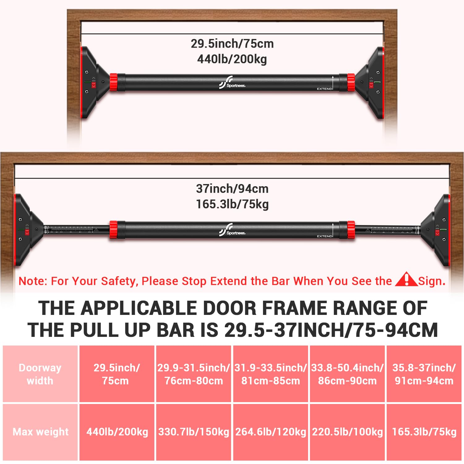 Pull Up Bar For Doorway: Sportneer Strength Training Pull-Up Bars Without Screw - Adjustable Width Locking Mechanism Chin Up Bar