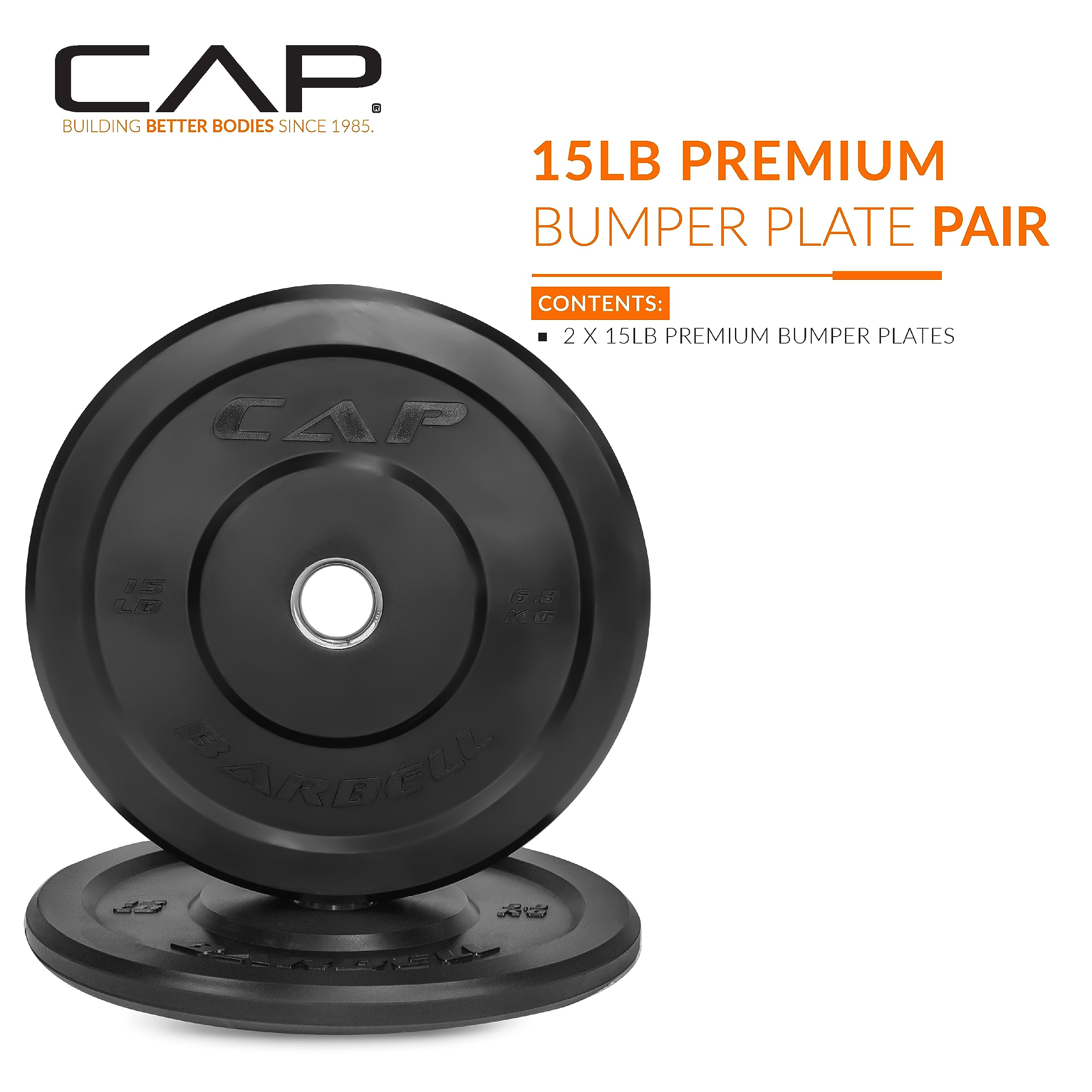 Cap Barbell Better Olympic Bumper Plate Set, Black, 15 Lb Pair