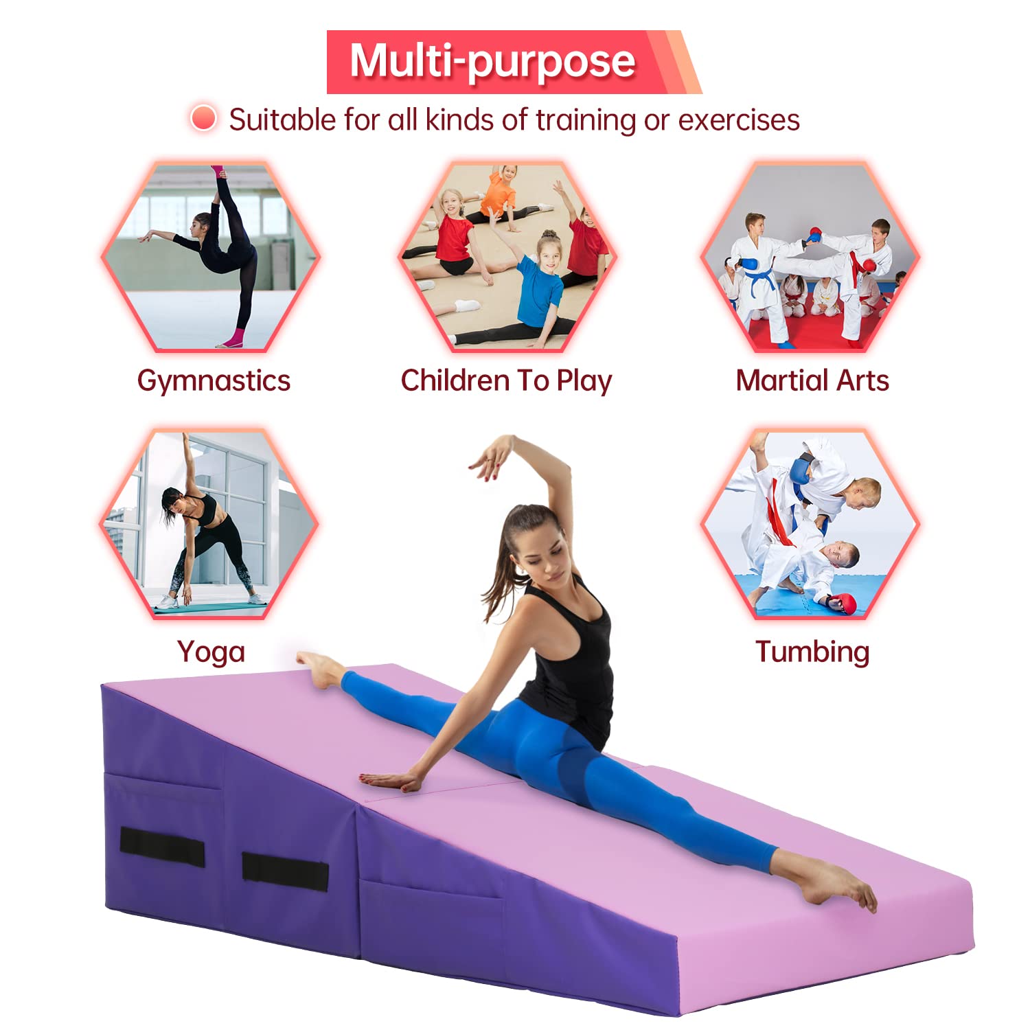 Gymnastics Mat 48   X24   X14    Incline Tumbling Mats For Home Gym, Folding Exercise Mat With Non-Slip Pvc Surface & Handles, C