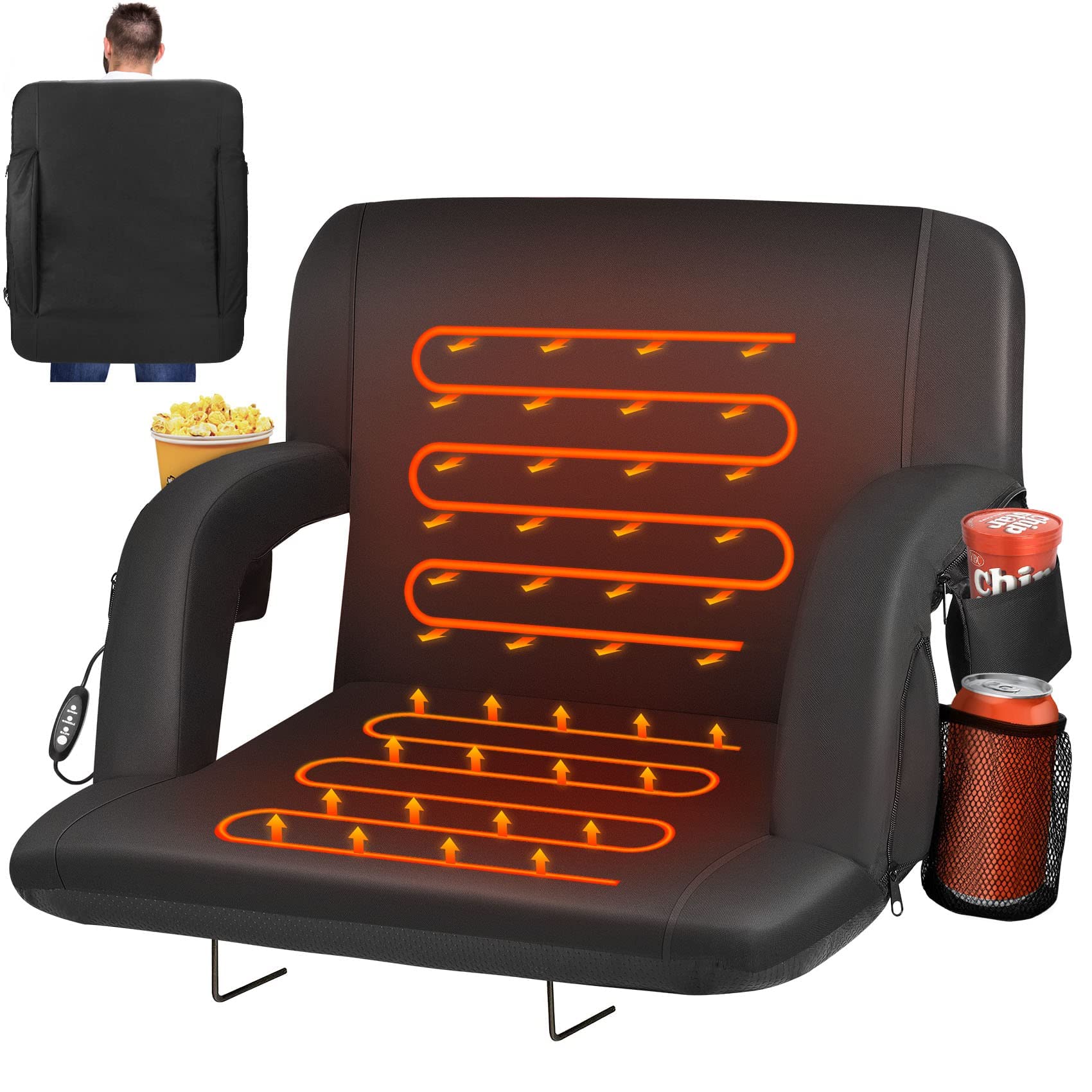Double Heated Stadium Seats For Bleachers With Back Support And 25'' Wide Cushion, Extra Portable Bleacher Seat Foldable Stadium