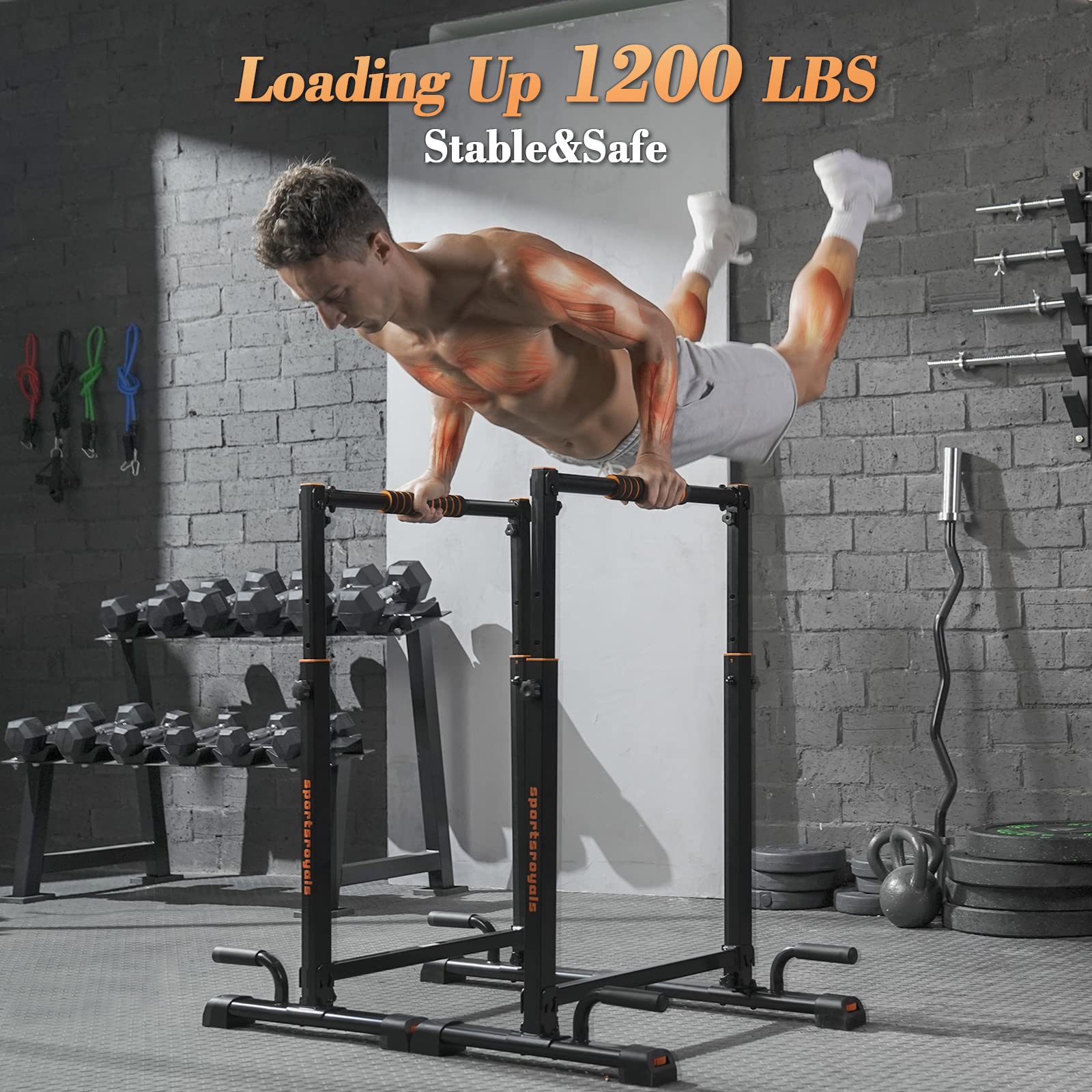 Sportsroyals Dip Bar, Adjustable Parallel Bars For Home Use, Dip Station With 6 Height Level & 1200Lbs Weight Limit
