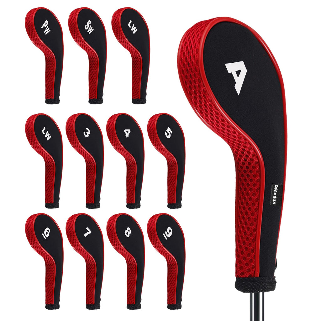 Andux Number Print Golf Iron Club Head Covers Long Neck With Zipper 12Pcs/Set Black/Red