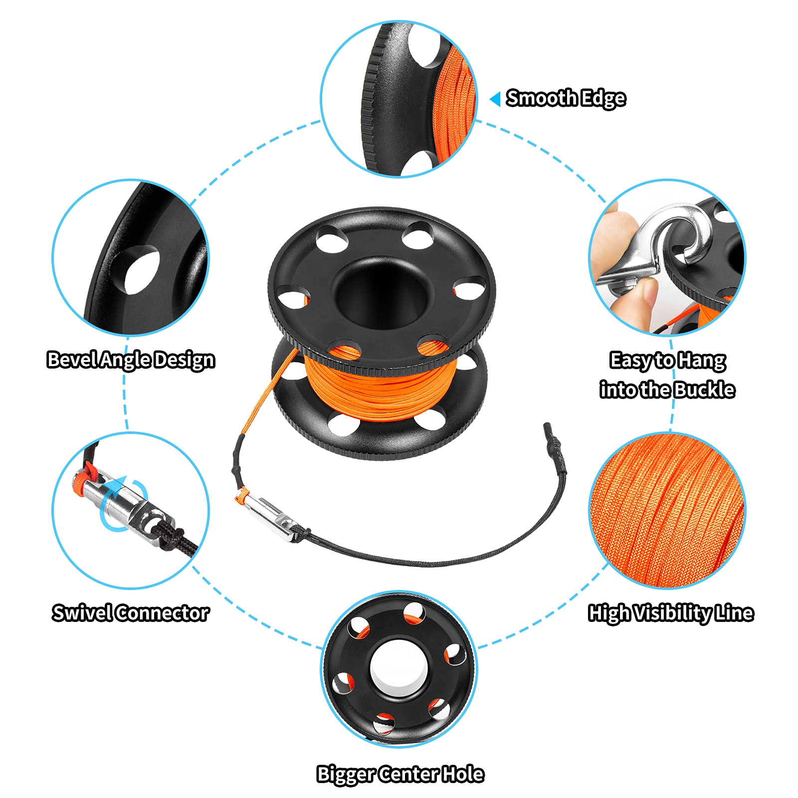 100Ft Scuba Diving Reel, Aluminum Alloy Large Scuba Spool Finger Reel With Double-Ended Bolt Snap Clip For Underwater Scuba Divi