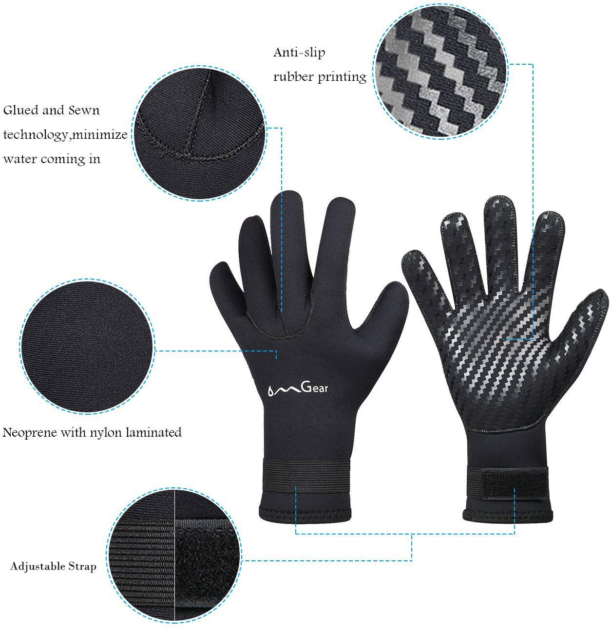 Omgear Neoprene Gloves Diving Wetsuit Gloves 3Mm 5Mm Glued Anti-Slip Flexible Thermal With Adjustable Waist Strap For Snorkeling