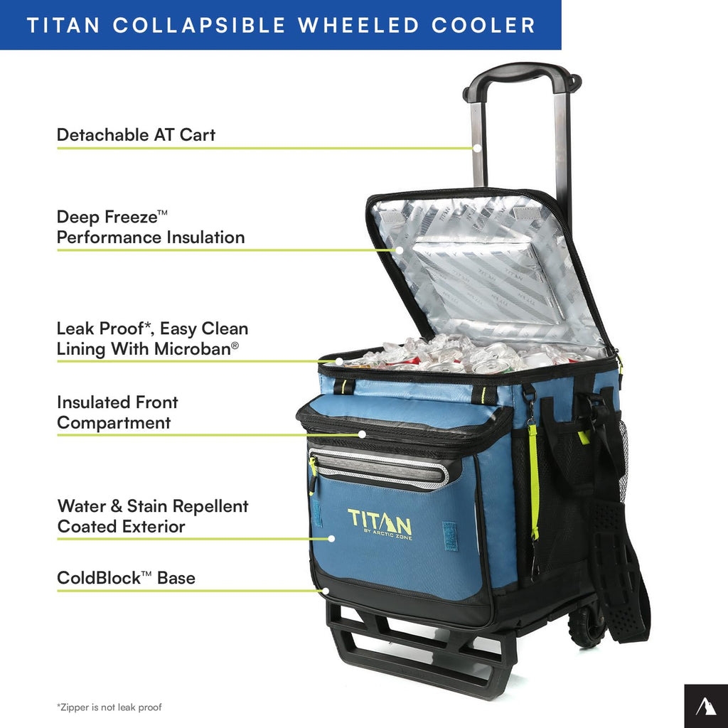 Titan Deep Freeze 60 (50+10) Can Wheeled Cooler - Collapsible Rolling Cooler with Wheels and All-Terrain Cart, Marine Blue