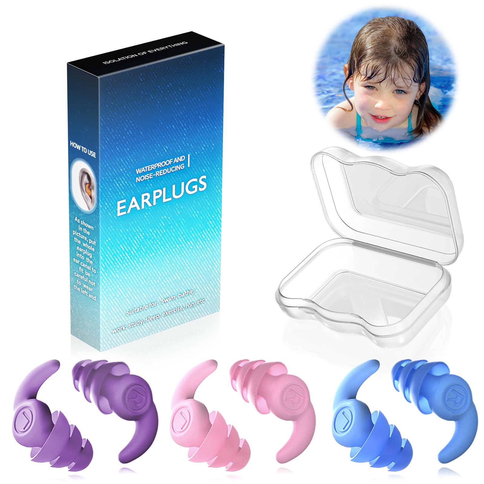 Waterproof Swimming Ear Plugs For Kids, 3 Pairs Soft Silicone Reusable Earplugs, Ear Protection For Showering Swimming For Child