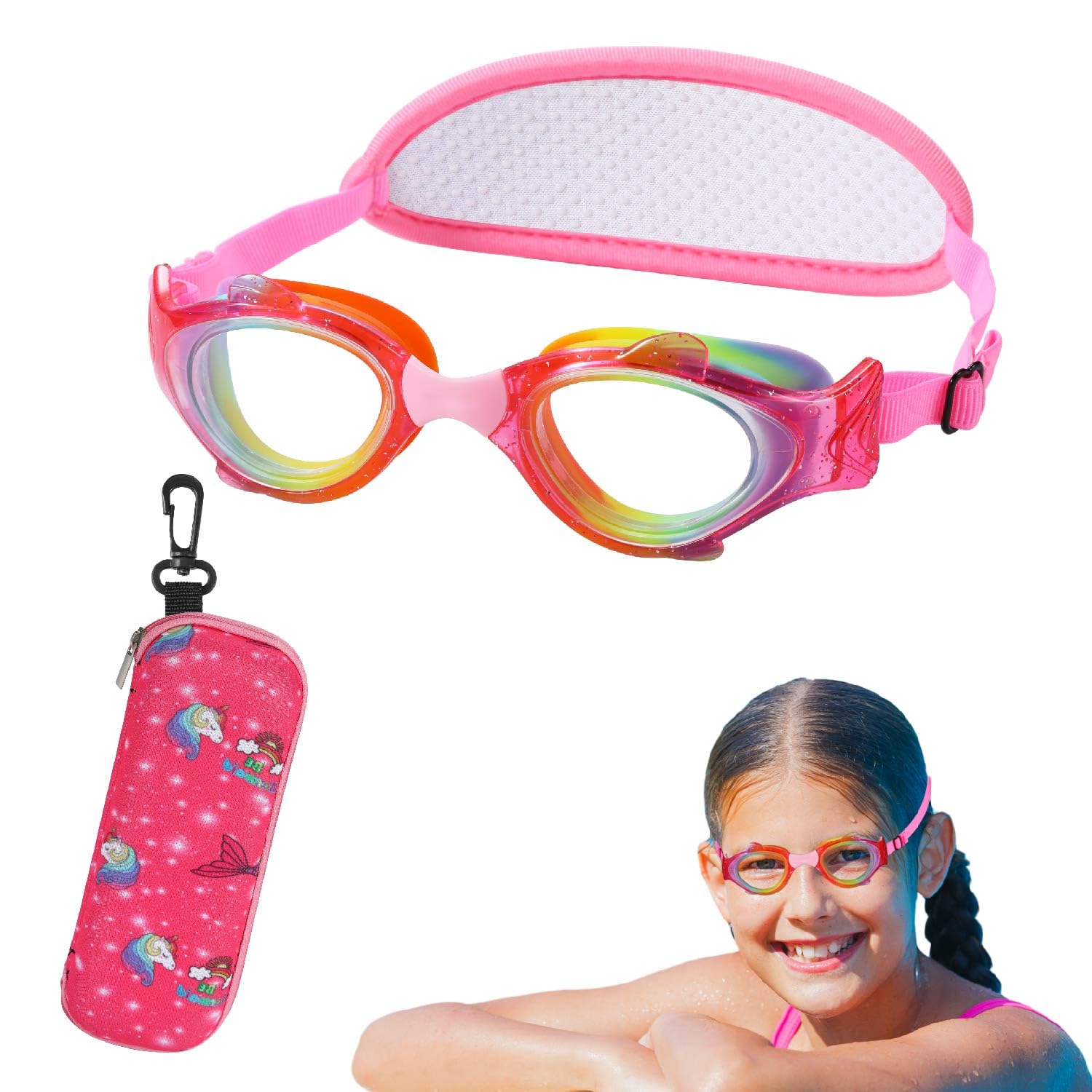 RUIGAO Kids Swim Goggles Age 2-6, Toddler Goggles No Hair Pull,UV Protection/Anti Fog/Padded HeadBand (2PK Fish - Rainbow & Blue