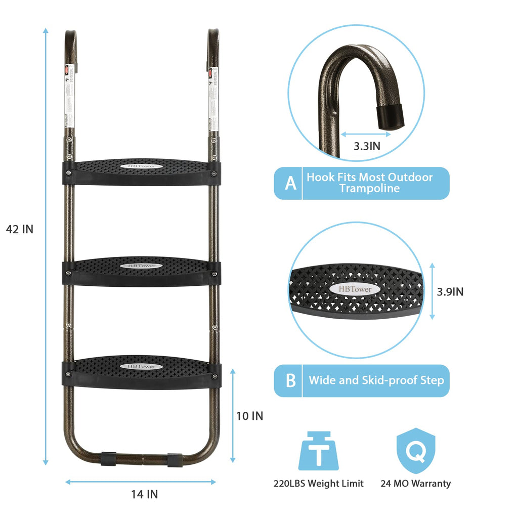 Hbtower Trampoline Ladder, 3-Step Trampoline Steps With Horizontal Wide Steps, Skid-Proof Steps Universal Hook, Uv Treated Steel