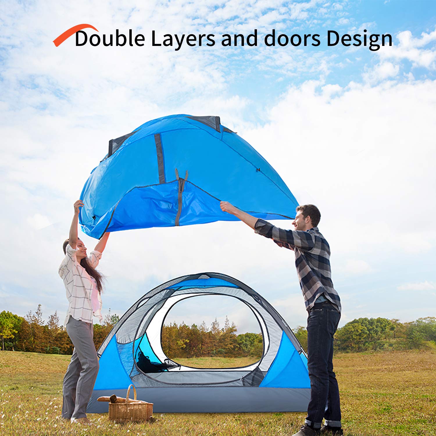 Bisinna 2/4 Person Camping Tent Lightweight Backpacking Tent Waterproof Windproof Two Doors Easy Setup Double Layer Outdoor Tent