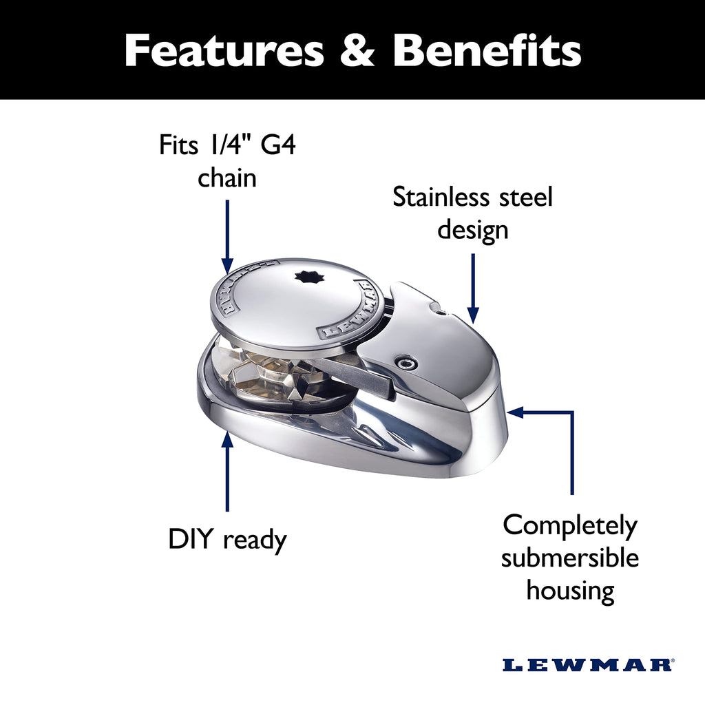 Lewmar V700 12V Vertical Windlass For 1/4'' G4 Chain, Fall Safe Gypsy, Maximum Pull 700 Lbs., 316 Stainless Steel Construction,