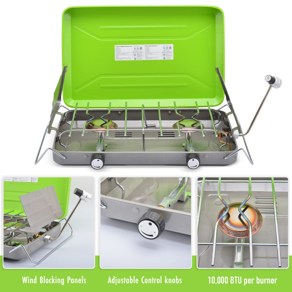 Flame King Vt-101 2-Burner Portable Camping Stove Grill, Great For Outdoor Cooking, Backpacking, Compatible With 1Lb Propane Gas