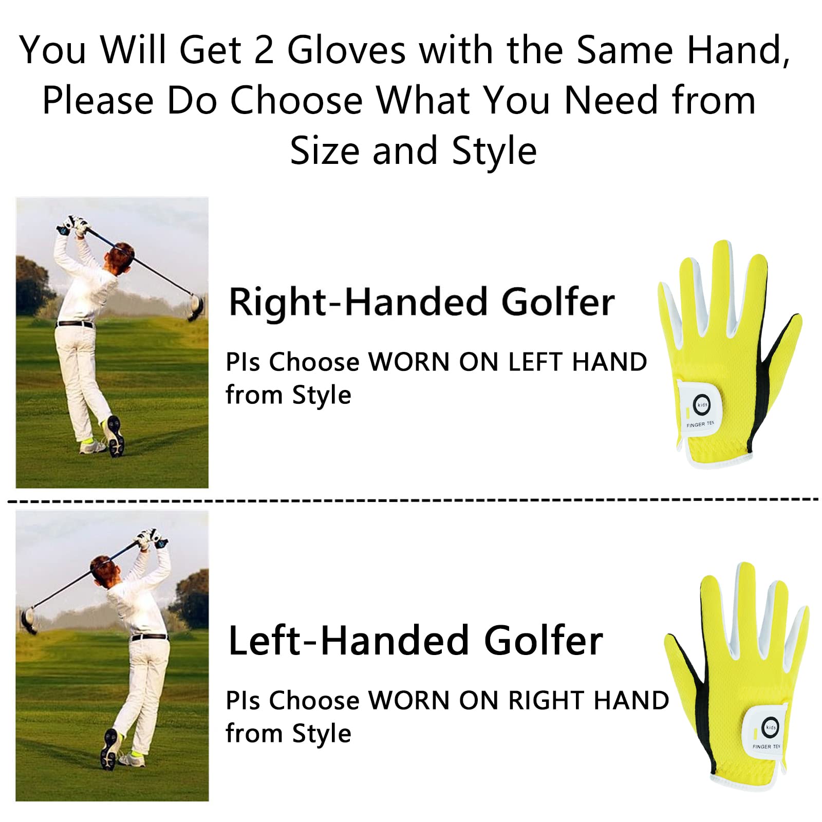 Finger Ten Junior Kids Dura Feel White Blue Red Yellow Golf Gloves Extra Value 2 Pack (Small White, Left)