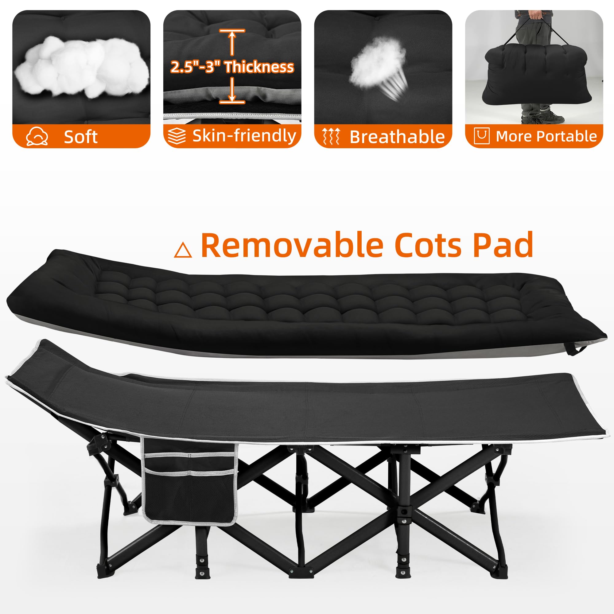 Fragess Portable Camping Cot, Sleeping Cots For Adults, 28 Extra Wide Heavy Duty Folding Cot Max Load 600Lbs With Thick Mattress