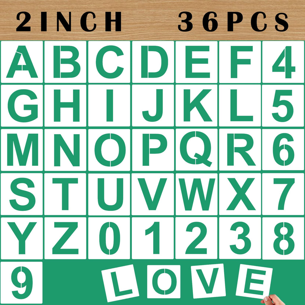 Mossdecal 2 Letter Stencils And Numbers, 36 Pcs Alphabet Art Craft Stencils, Reusable Plastic Number Templates Letter Stencils F