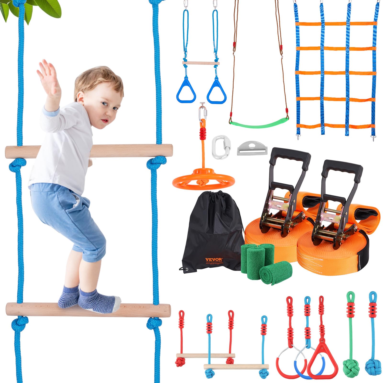 VEVOR Ninja Warrior Obstacle Course for Kids, 2 x 65 ft Weatherproof Slacklines, 500lbs Weight Capacity Monkey Line, Outdoor Pla