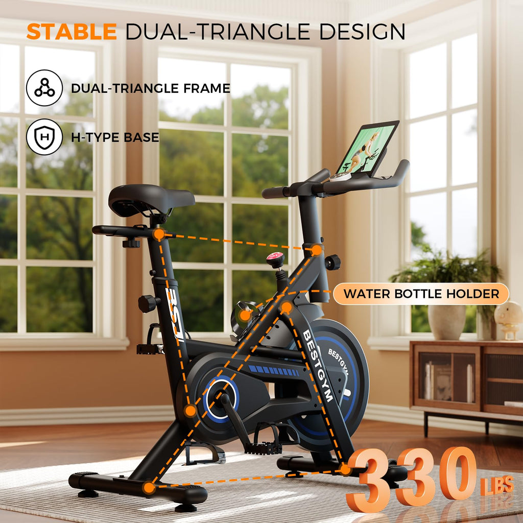 Bsj Bestgym Exercise Bike, Brake Pad Stationary Bike With App, Low Noise Indoor Cycling Bike With 330Lbs Weight Capacity, Adjust